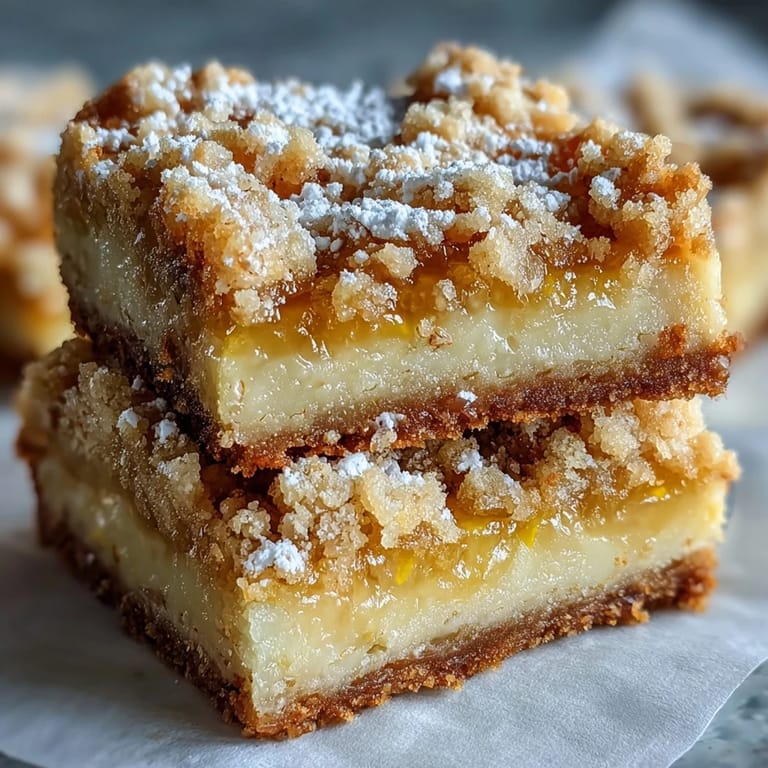 Bite-sized squares of Homemade Lemon Crumb Bars reveal a tender, tangy lemon center and buttery crumble texture.