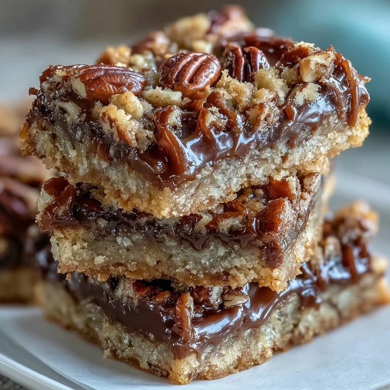 A close-up of Decadent Sweet and Chewy Turtle Bars with Chocolate and Caramel shows toasted oat crumble topping.