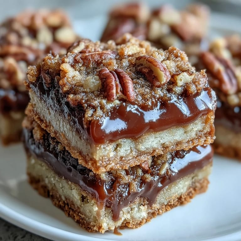 Freshly baked Decadent Sweet and Chewy Turtle Bars with Chocolate and Caramel on a platter ready for serving.