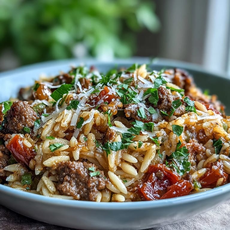 Golden orzo pasta and browned beef simmer in tomato broth for a satisfying Comforting Ground Beef Orzo Dinner.