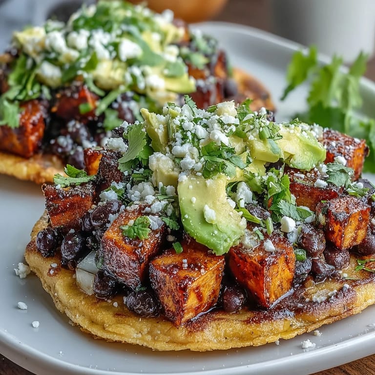 Freshly assembled Black Bean and Sweet Potato Tostadas with creamy avocado slices and crumbled feta on a rustic plate.