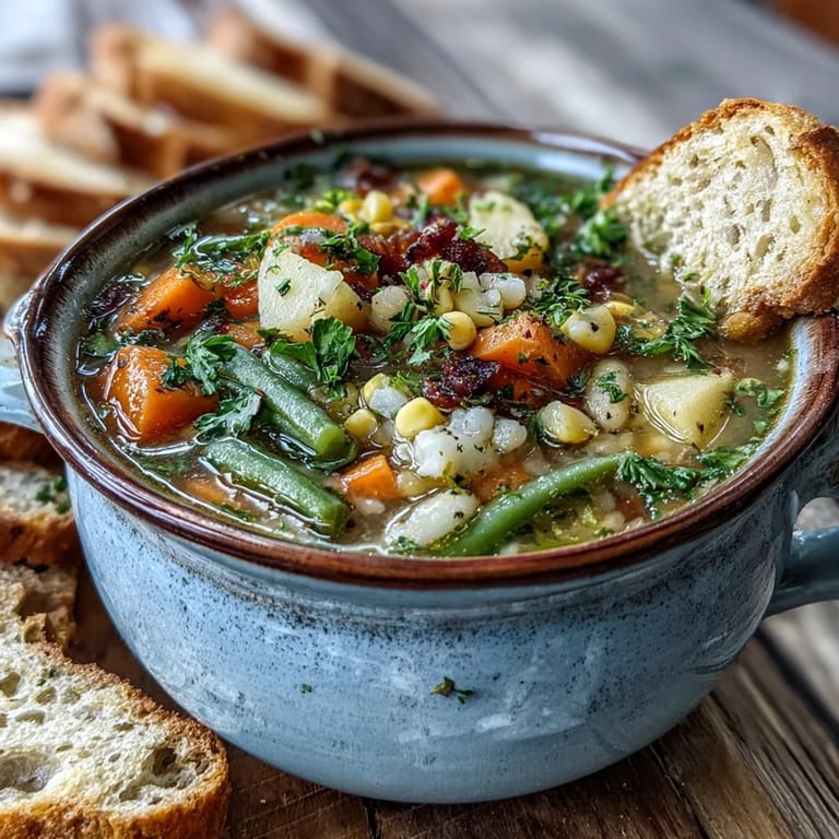 A cozy bowl of Amish Snow Day Soup featuring potatoes, carrots, and corn simmered in savory herb broth.