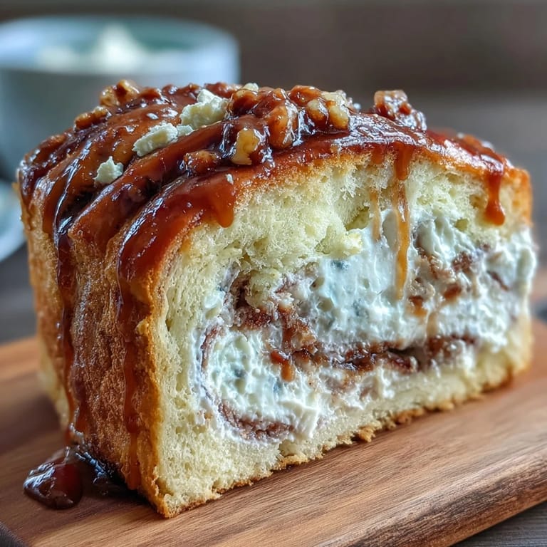Slices of Caramel Cream Cheese Bread reveal a rich cream cheese center and sweet caramel drizzle.