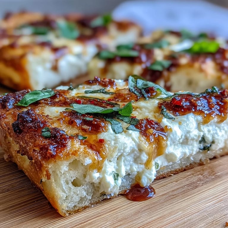 Slice of Hot Honey Ricotta Pizza on a wooden board, perfect for a vegetarian dinner, featuring a thick, fluffy crust and rich cheese.