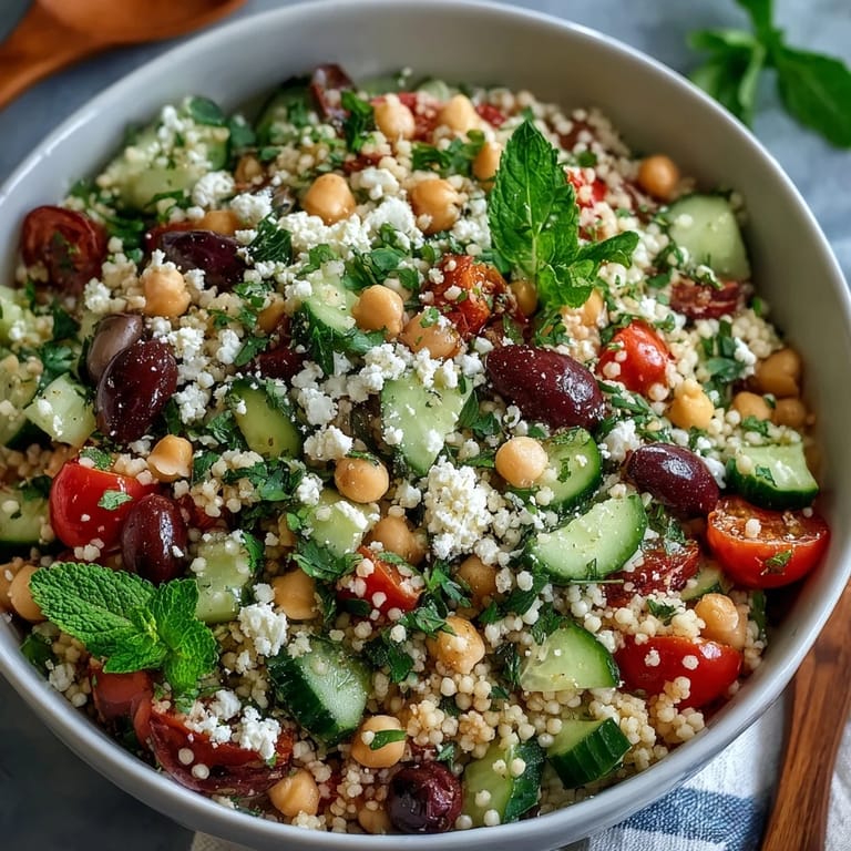 Steaming Mediterranean Pearl Couscous with diced red bell pepper and cucumber, tossed in oregano vinaigrette on a rustic table.
