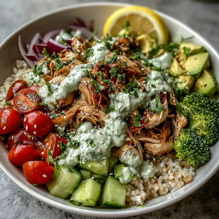 A hearty Rotisserie Chicken Bowl drizzled with creamy tzatziki sauce and sesame seeds.