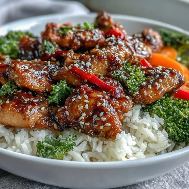 Dairy-free Honey Garlic Chicken Bowl featuring tender chicken pieces, sautéed veggies, and sesame garnish on a bed of rice.