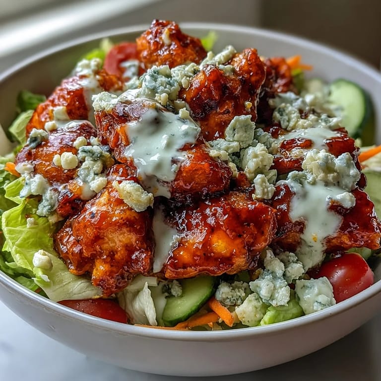 Freshly assembled Buffalo Chicken Bowl topped with blue cheese crumbles and tomatoes.