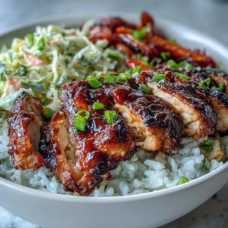A fully assembled BBQ Chicken Bowl ready to eat, featuring tender sliced chicken, bright red and green veggies, and a dollop of coleslaw.