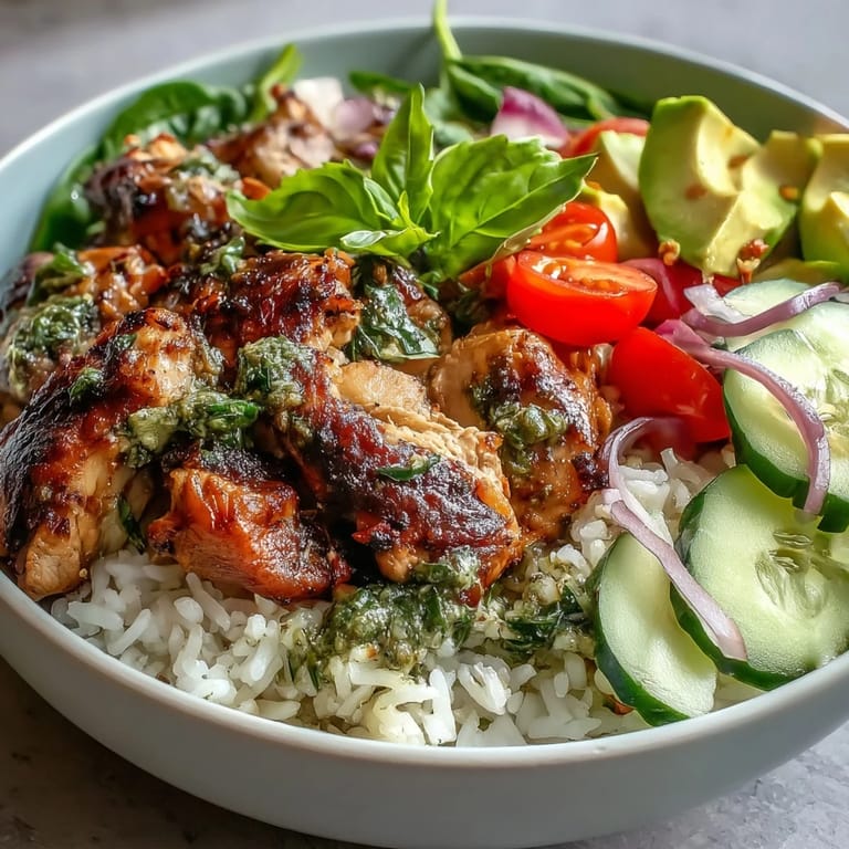 Appetizing Pesto Chicken Bowl with juicy chicken, avocado, spinach, and tomatoes on fluffy rice, perfect for an easy weeknight dinner.