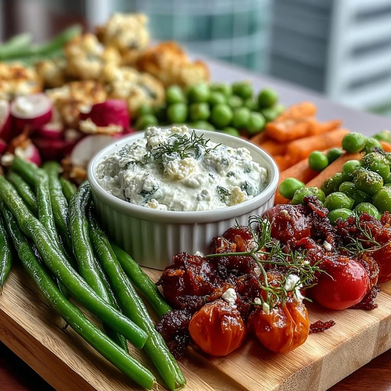 Vibrant seasonal vegetables paired with creamy herb dip on a rustic serving platter.  