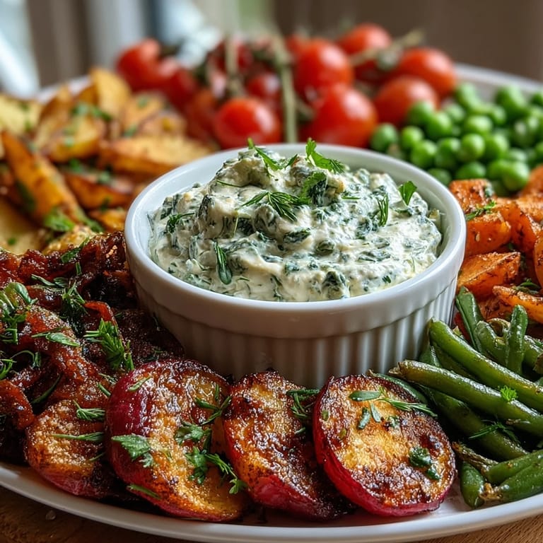Crisp radishes, snap peas, and carrots arranged around a bowl of herby yogurt dip.