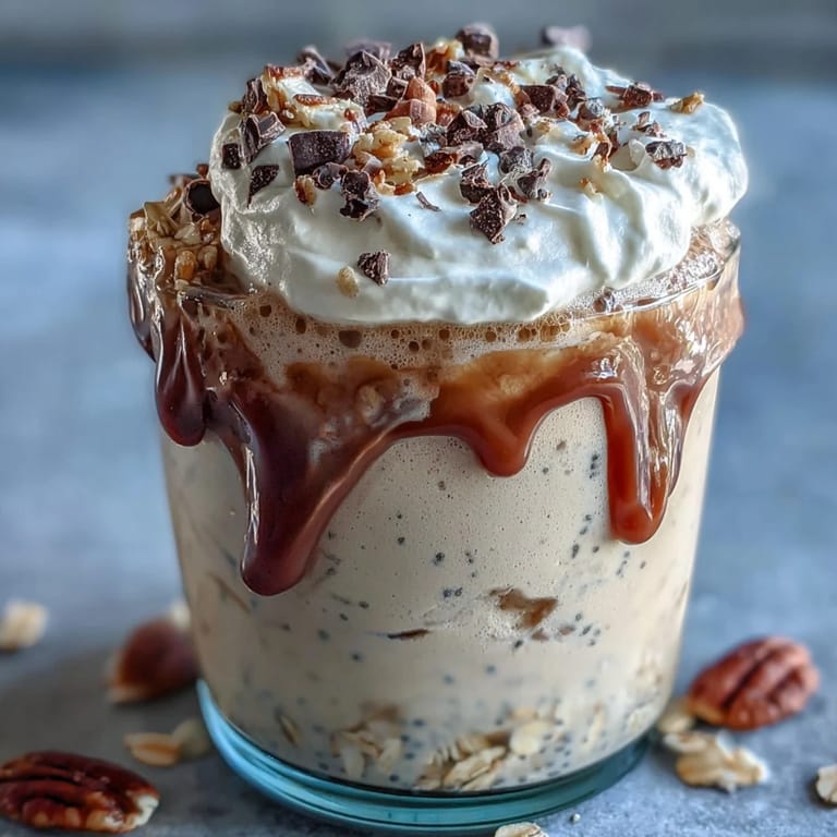 Vanilla Bean Frappuccino Overnight Oats topped with whipped cream and chocolate chips for a breakfast treat.