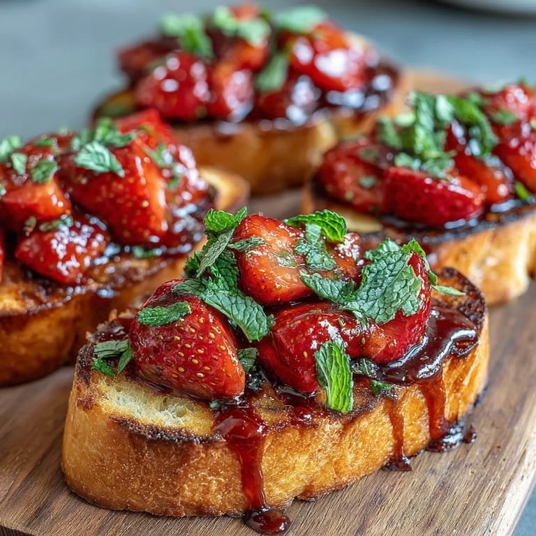 A close-up shot of fresh strawberry bruschetta being drizzled with a thick balsamic reduction glaze.