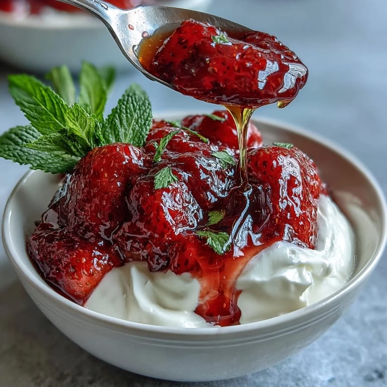 Spoonful of sweet-tart strawberry compote melting into cool, tangy Greek yogurt for a perfect treat.