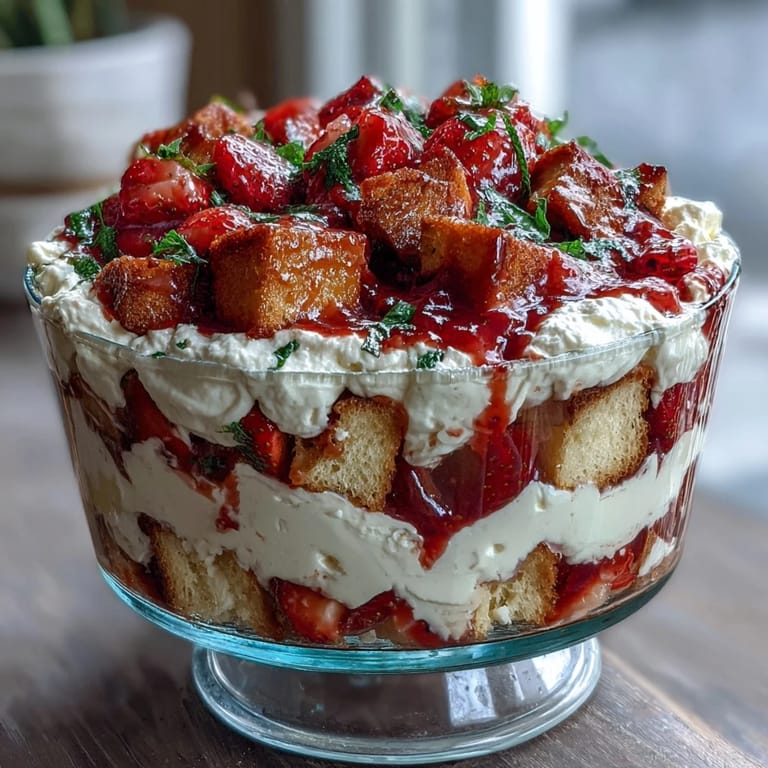 Elegant Mothers Day dessert trifle featuring golden shortcake cubes, juicy strawberries, and clouds of vanilla whipped cream in clear layers.