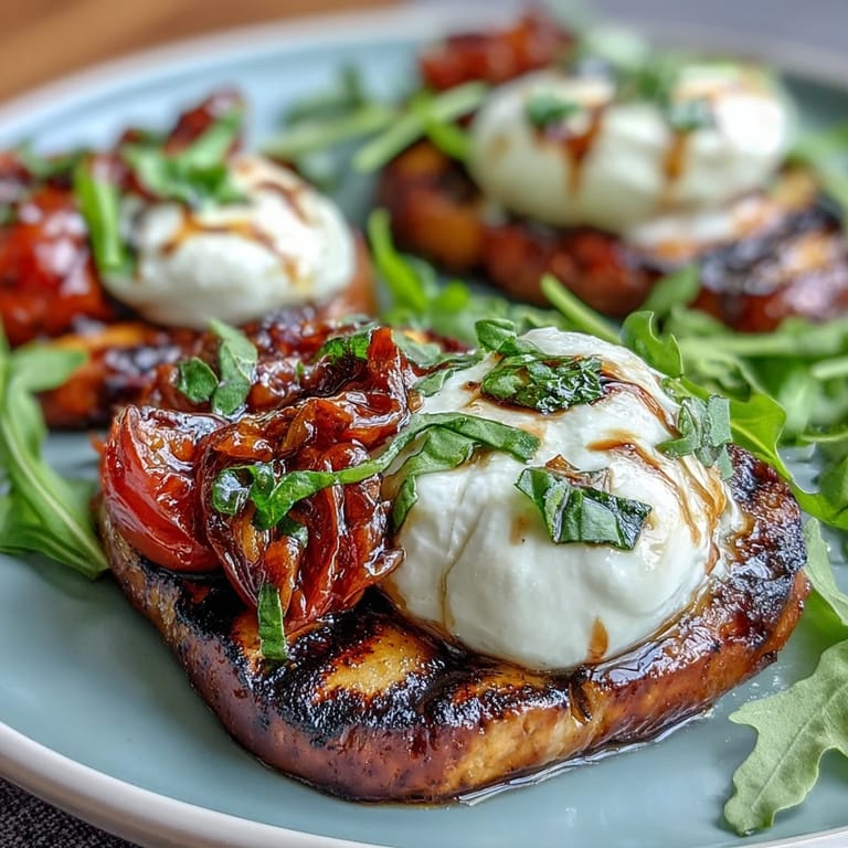 Sweet grilled peaches paired with burrata, arugula, and cherry tomatoes—drizzled with balsamic glaze for a colorful, elegant salad.