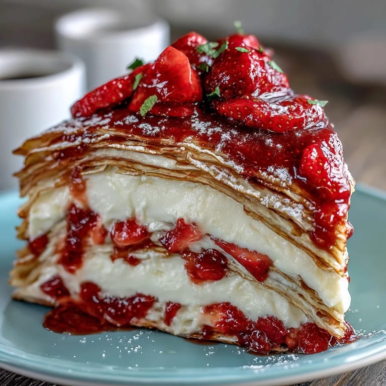 Elegant strawberry crepe cake with creamy vanilla filling and sliced fruit between each layer.  