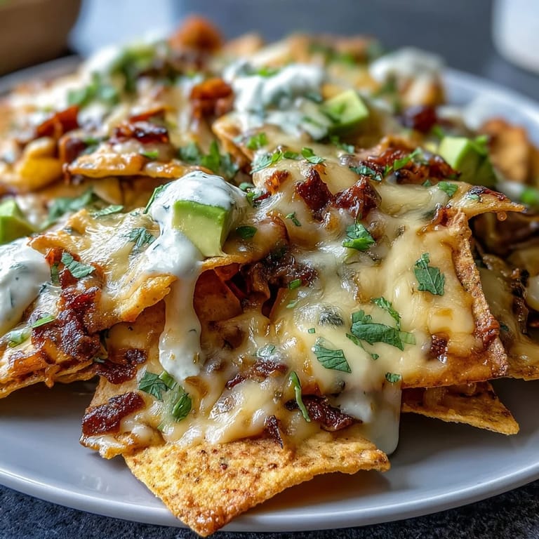 Warm tortilla chips drenched in smoky cheese sauce, topped with jalapeños, cilantro, and diced veggies.