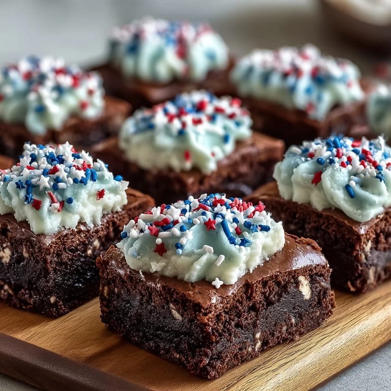 Decadent brownie bites featuring rich chocolate base, fluffy frosting, and festive sparkler toppers for Independence Day.