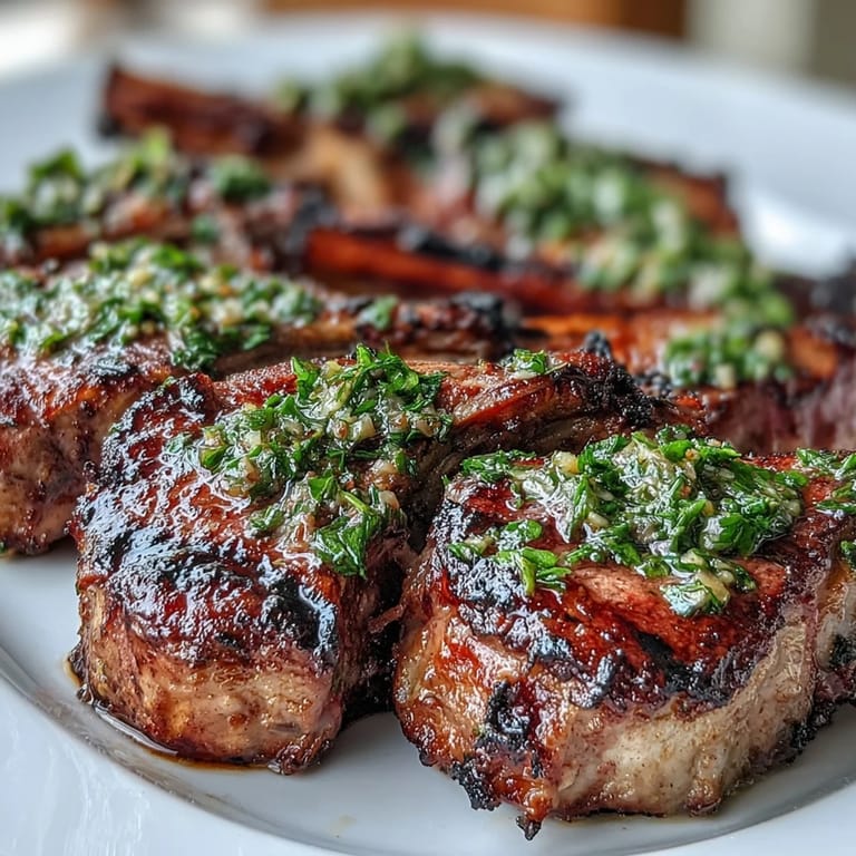 Juicy lamb rib chops seasoned with garlic and rosemary, served with a vibrant mint gremolata for an elegant Mediterranean main course.