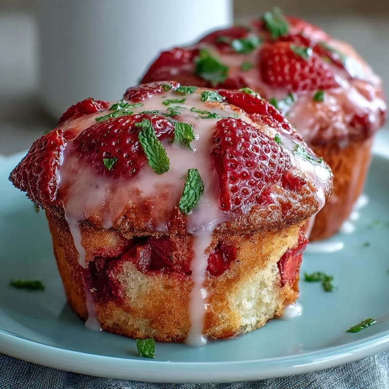 Golden strawberry lemon muffins drizzled with zesty glaze, offering a delightful balance of sweet and citrusy flavors.