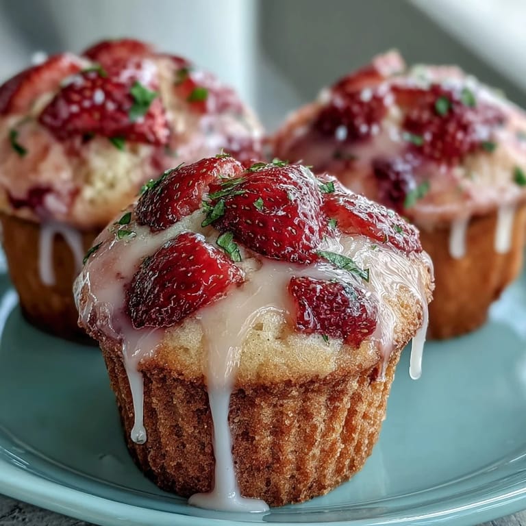 Moist and fluffy strawberry lemon muffins topped with a sweet-tart lemon glaze, bursting with fresh fruit.  