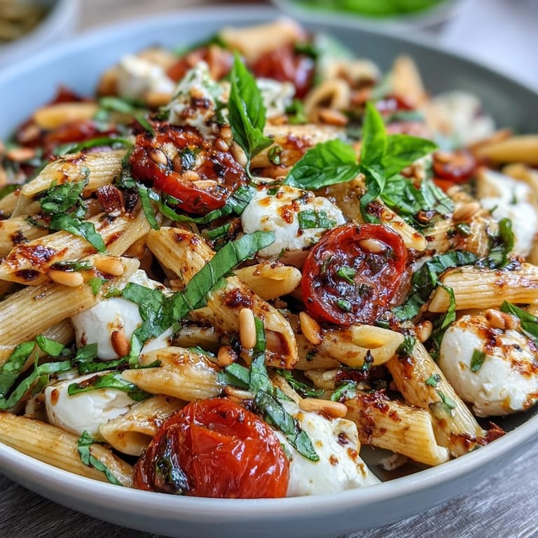 Colorful Caprese-style pasta salad featuring juicy tomatoes, creamy mozzarella, and bright basil leaves tossed in extra-virgin olive oil and balsamic reduction.