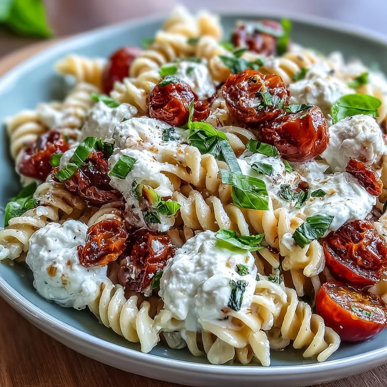 Warm Caprese pasta topped with creamy burrata, fresh herbs, and a drizzle of olive oil for a refreshing meal.