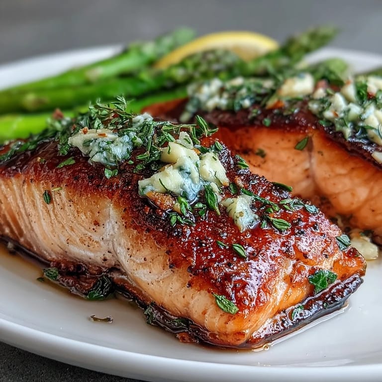 Garlic Butter Salmon with Asparagus served on a plate, tender fish topped with fresh parsley and lemon slices.