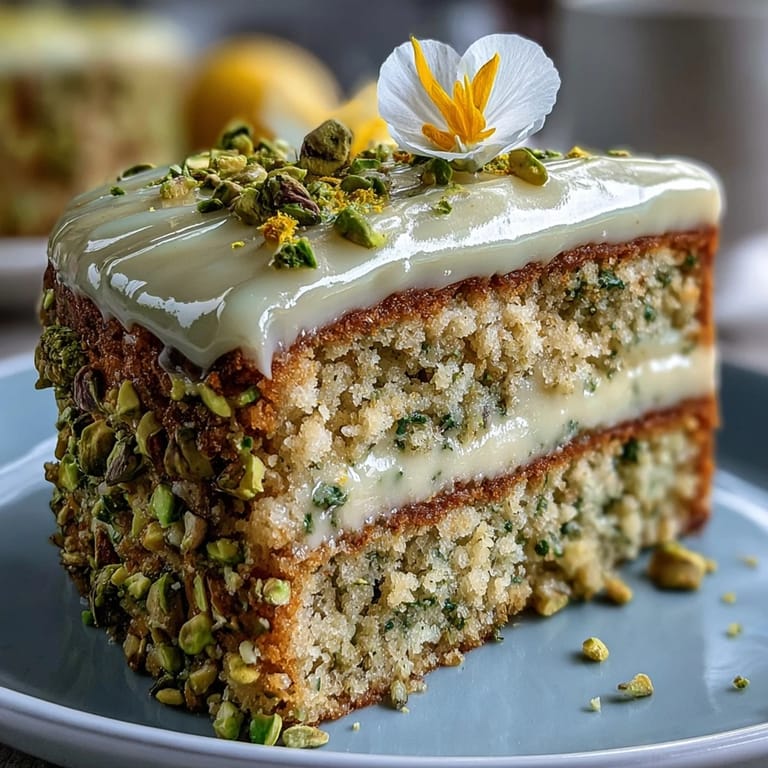 Decadent layered lemon cake crowned with creamy pistachio frosting and chopped nuts.