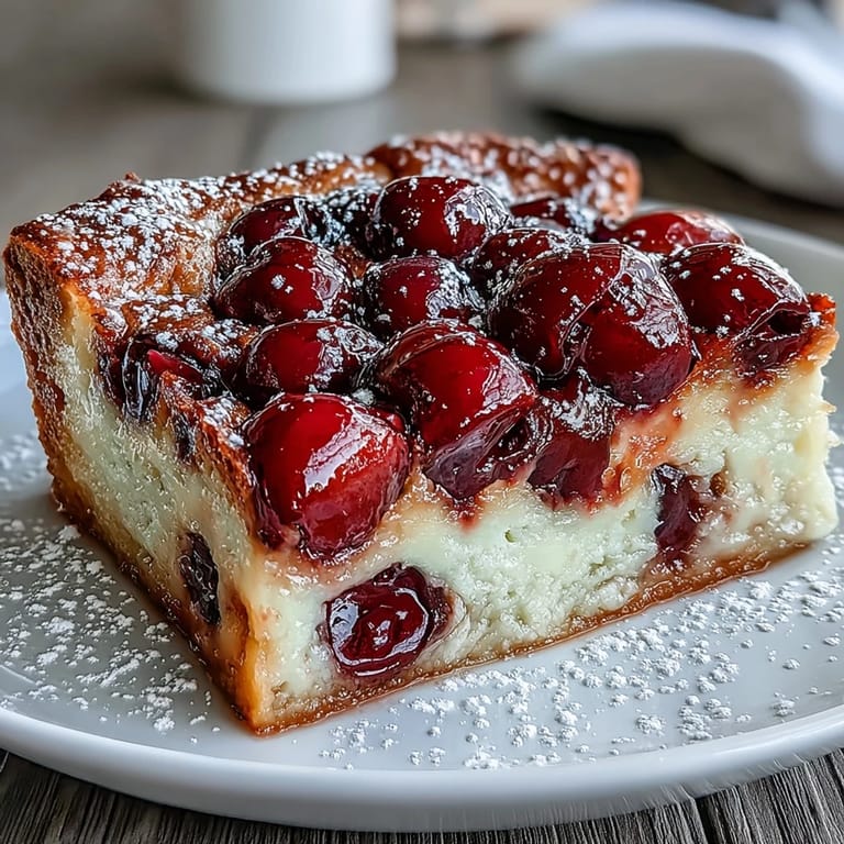 Rustic French cherry clafoutis dusted with powdered sugar, a summer dessert delight.