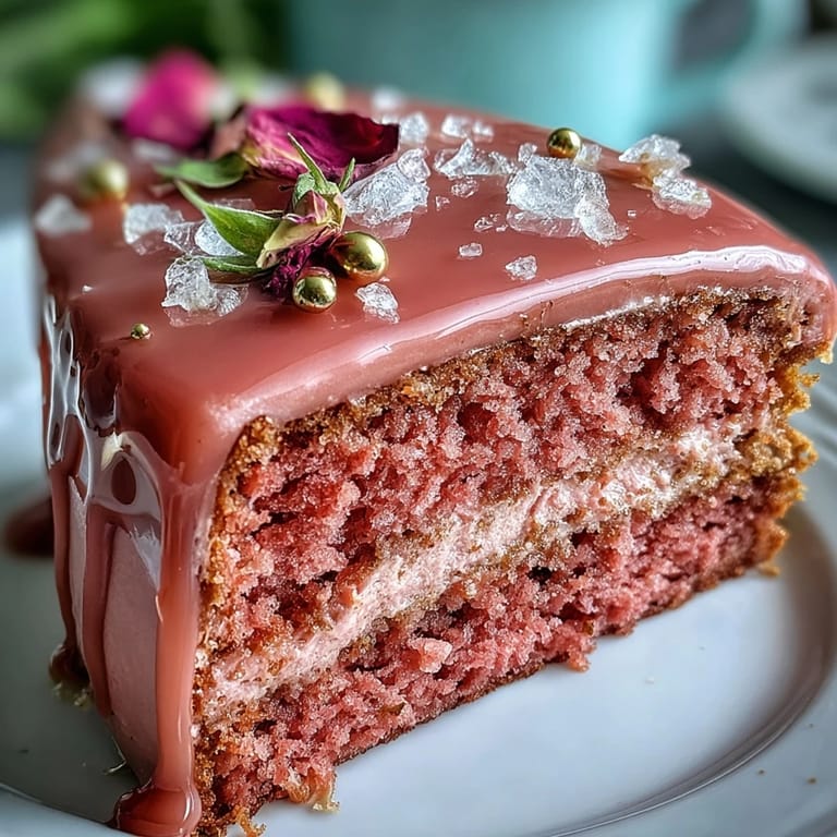 Soft pink Rosé Velvet Cake, perfect for celebrations, adorned with edible gold.
