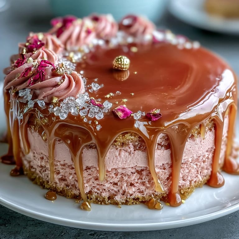 Luscious Bridal Shower Rosé Velvet Cake cascading with delicate gold drip.