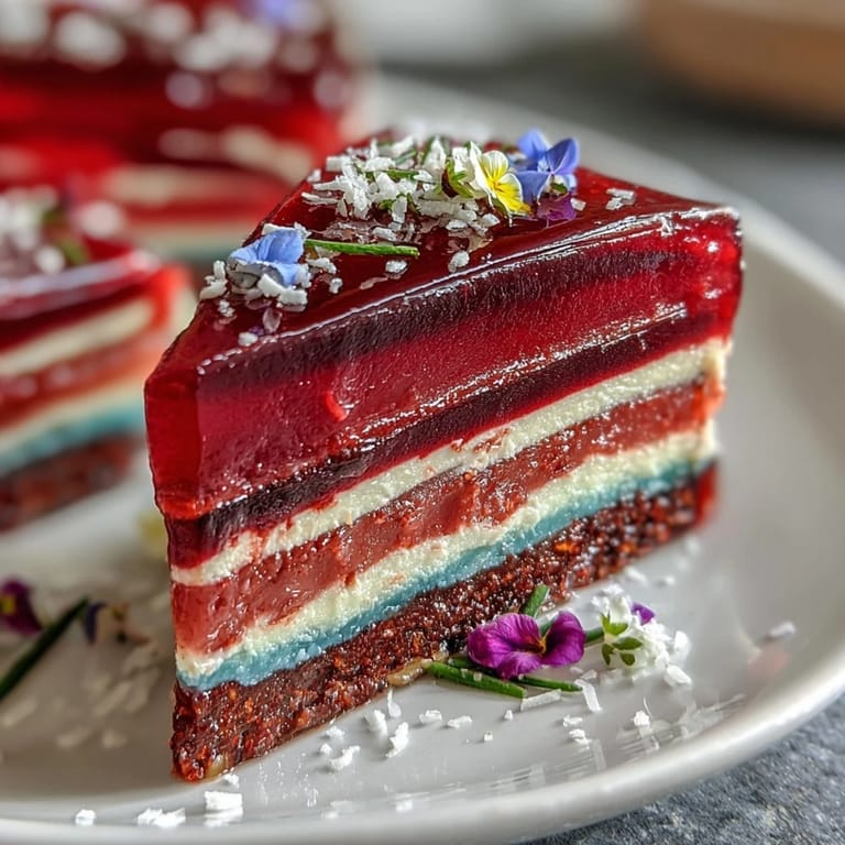 A visually stunning agar-agar rainbow jelly cake dessert, chilling before serving.