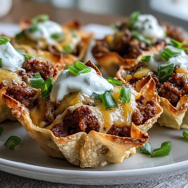 Hearty mini taco cups, a perfect easy appetizer featuring crunchy wonton shells.