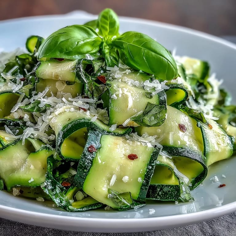 Vibrant shaved zucchini ribbons glistening with bright lemon-Parmesan dressing, a refreshing side.