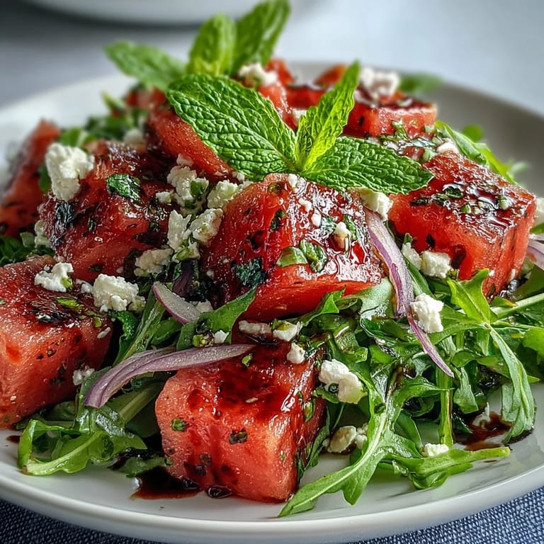 Refreshing Watermelon Feta Arugula Salad, a delightful mix of textures and flavors, ready to serve.