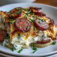 Golden, bubbly cheddar cheese melts over tender potato pierogi and smoky kielbasa slices inside a slow cooker.