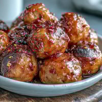 Glazed Slow Cooker Peach Glazed Meatballs steaming in a serving dish, garnished with fresh thyme for a sweet and savory appetizer