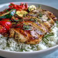 Sliced herb-roasted chicken breast over fluffy rice with roasted red peppers and zucchini, drizzled with a bright lemon dressing on top.