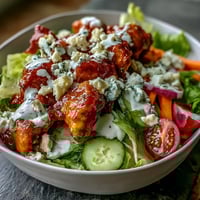 Spicy Buffalo Chicken Bowl with tender chicken, crisp romaine, and ranch drizzle.
