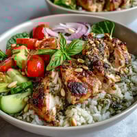 Bright and colorful Pesto Chicken Bowl with tender pesto-marinated chicken, fluffy jasmine rice, cherry tomatoes, cucumber, and avocado slices.