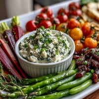 A colorful spring food board with radishes, peas, and herb dip for fresh entertaining.  