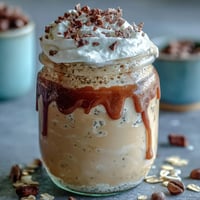 Vanilla Bean Frappuccino Overnight Oats with creamy vanilla-infused oats and coffee drizzle in a jar.