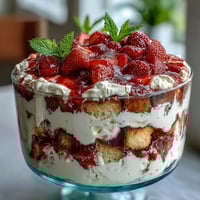 Layered strawberry shortcake trifle with fresh berries and whipped cream in a glass bowl, perfect for Mothers Day celebrations.