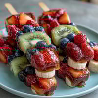 Festive Fourth of July fruit skewers with red strawberries, white bananas, and blueberries on wooden sticks.