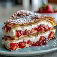 A beautiful strawberry crepe cake with delicate layers of thin crepes and fresh berries.  
