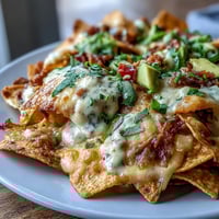 Crispy tortilla chips smothered in a rich, creamy cheese sauce with fresh jalapeños and tomatoes.  