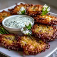 Crispy dandelion fritters with herb dipping sauce are golden and delicate, perfect for an elegant appetizer or light snack.